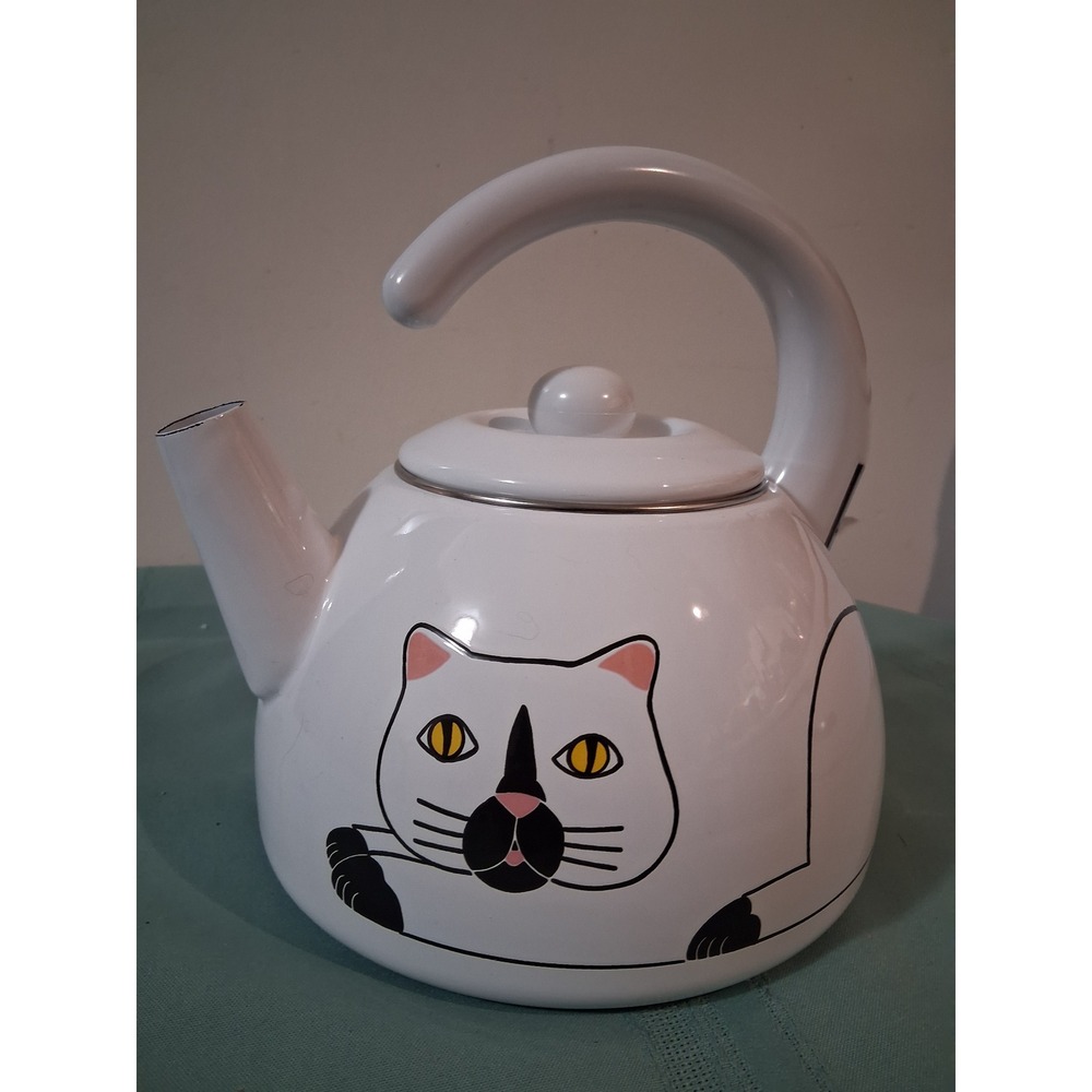Kamenstein Milo Hess Cat Tea Kettle Vintage 1990 White Enamel Bird Whistle Pot